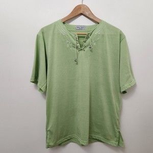 ANNE FASHION Women's Green Henley Short Sleeve Blouse Top Size M